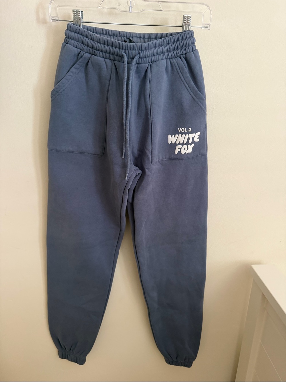 White Fox Boutique Blue Logo Track Joggers, Sweatpants. Size XXS